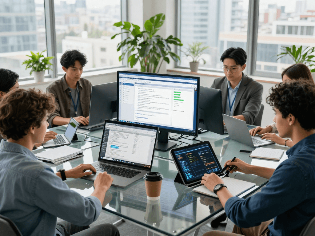 Document fraud detection in action, a collaborative team analyzing forensic data on modern devices in a tech-savvy office.