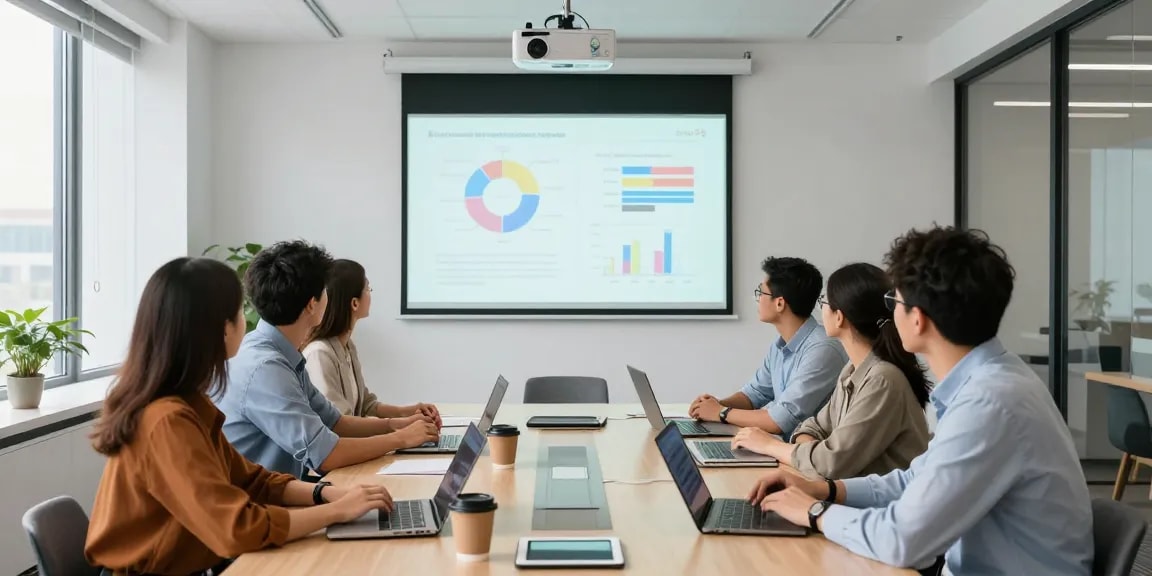 Projector installation in a modern office conference room with a diverse team collaborating.