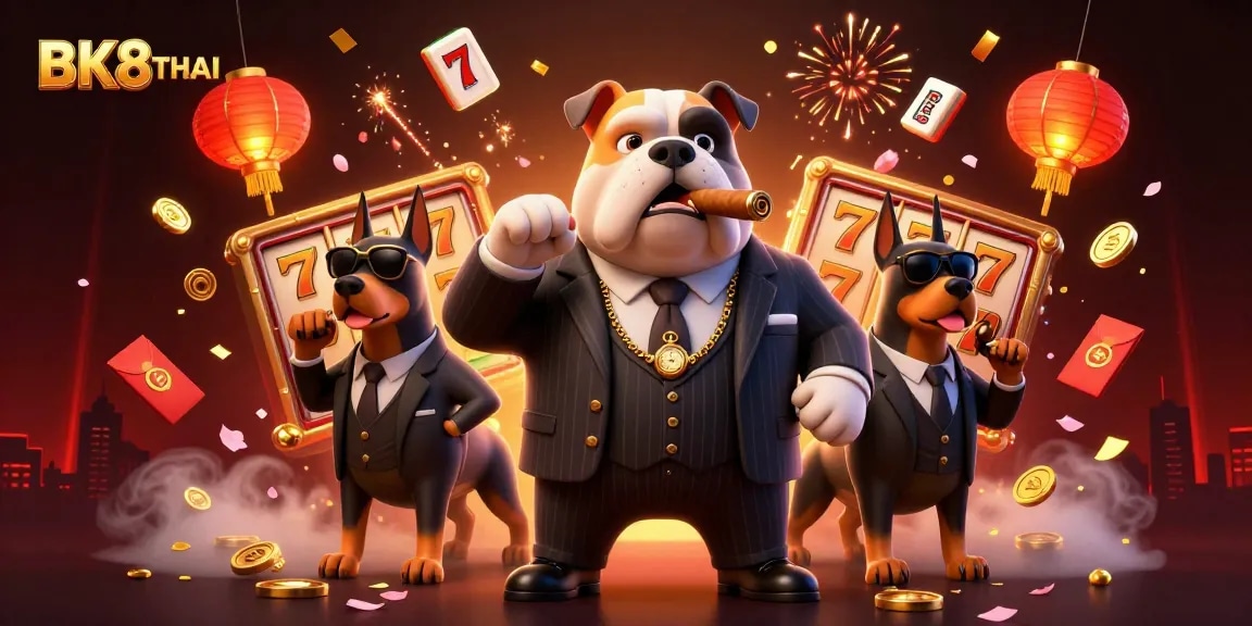 Engage in thrilling games at BK8THAI with a dynamic 3D casino scene featuring a bulldog mafia boss and his Doberman bodyguards.