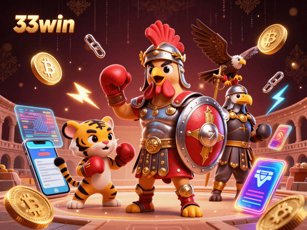 Engage with the thrilling world of 33win, featuring a gladiator rooster in a dynamic casino illustration.