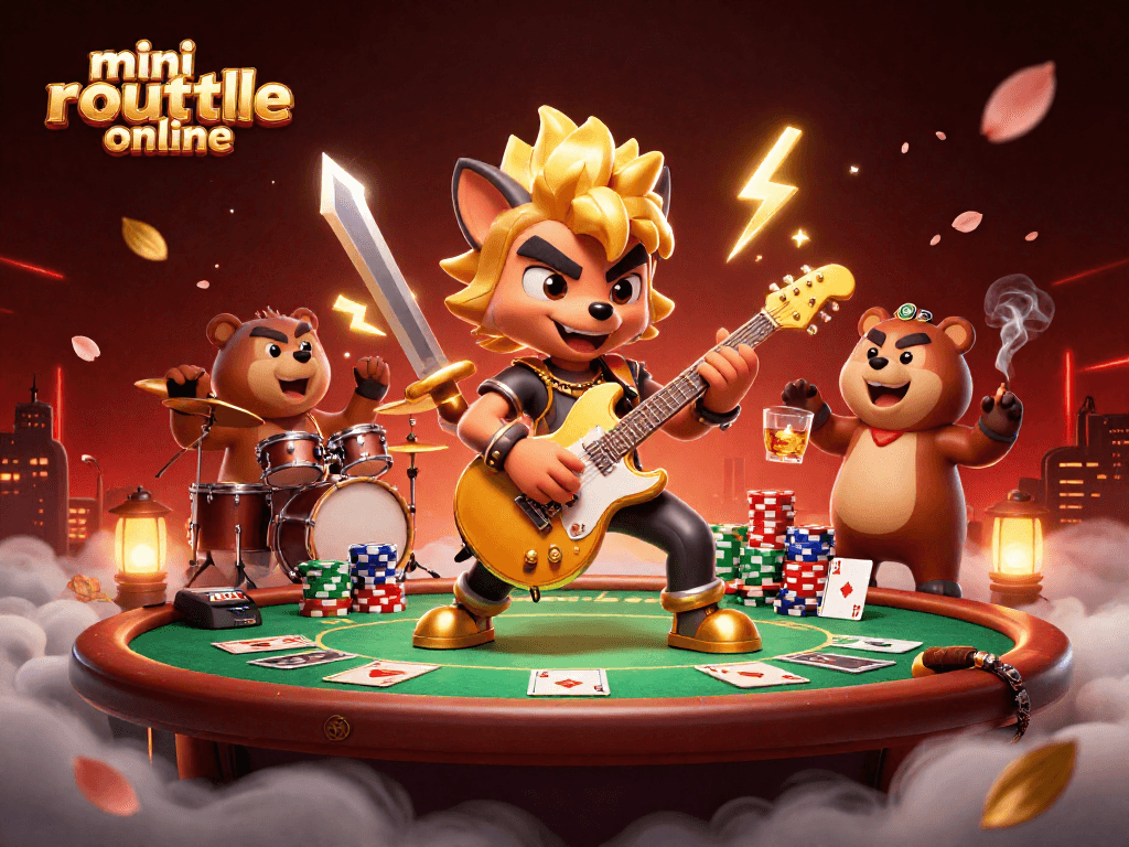 Engage in mini roulette online with vibrant 3D visuals featuring a rock star wolf and an exciting casino atmosphere.