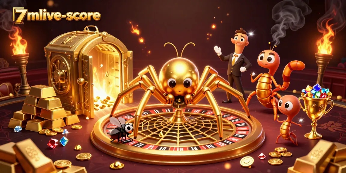 Engage with 7mlive-score's thrilling scene of a golden web wheel and nervous betting fly.