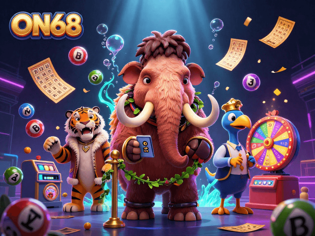 Experience ON68’s vibrant gaming scene with colorful lottery elements and dynamic casino characters.