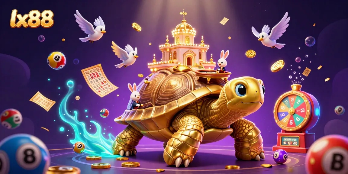 Experience the thrill of gaming with lx88's vibrant casino illustration featuring a tortoise palace and dynamic elements.