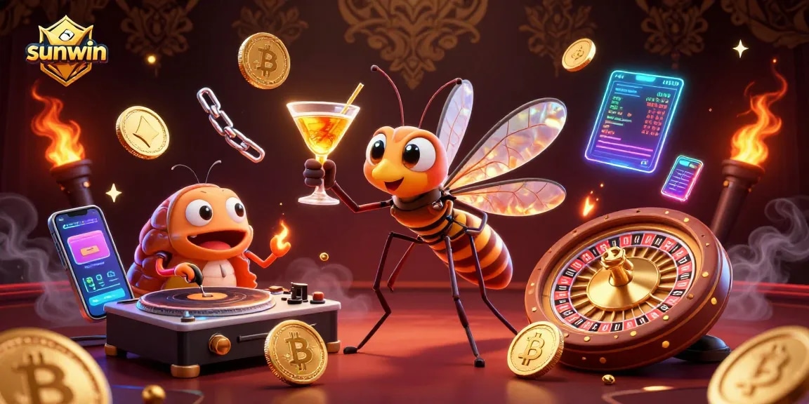 Experience sunwin's thrilling atmosphere with a 3D mosquito mascot and casino elements.