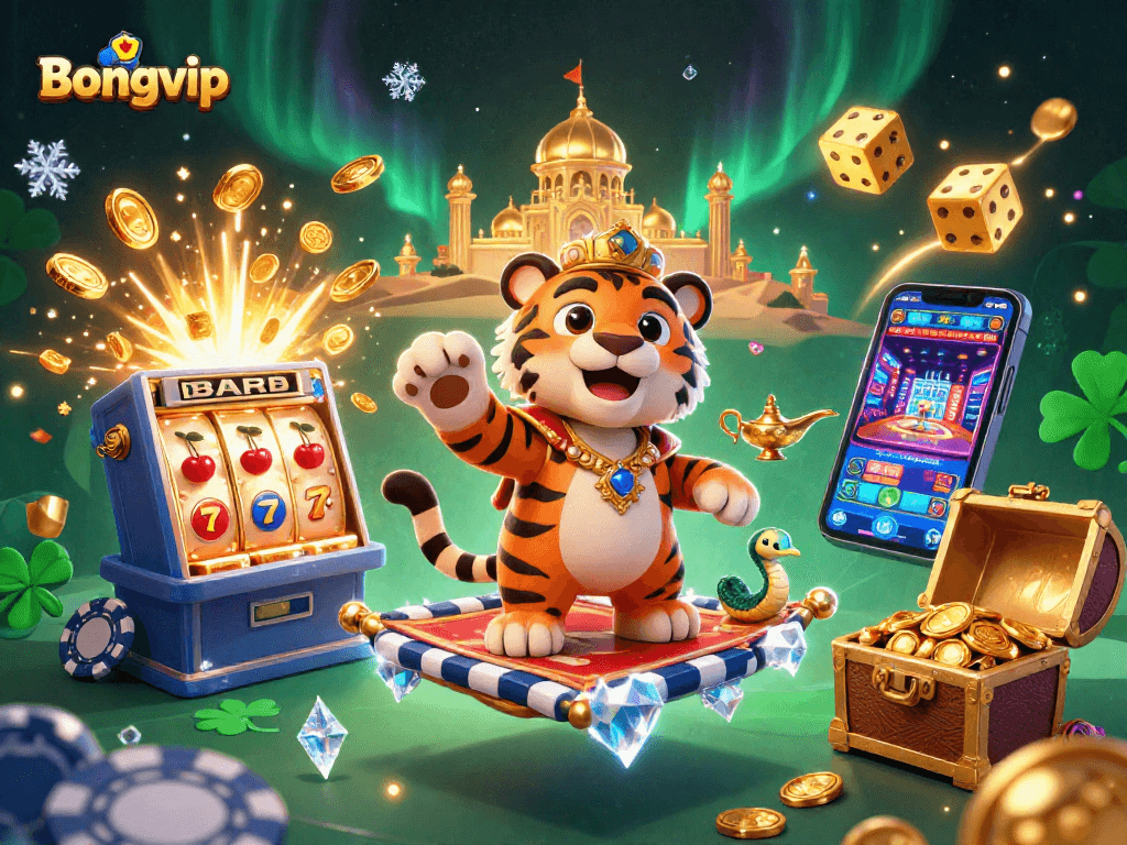 Experience big wins at Bongvip with this vibrant, action-packed casino scene featuring a 3D sultan, jackpots, and more.