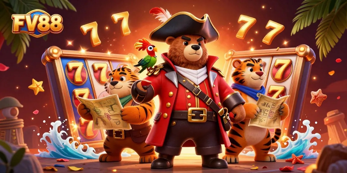Experience thrilling gameplay at FV88 with adventures featuring a pirate bear, tiger, and golden parrot amid vibrant casino scenes.