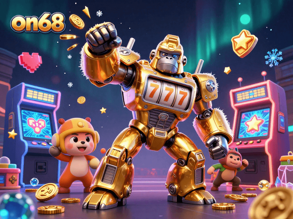 Experience thrilling gambling with on68 in this dynamic 3D casino-themed illustration featuring vibrant characters and game elements.