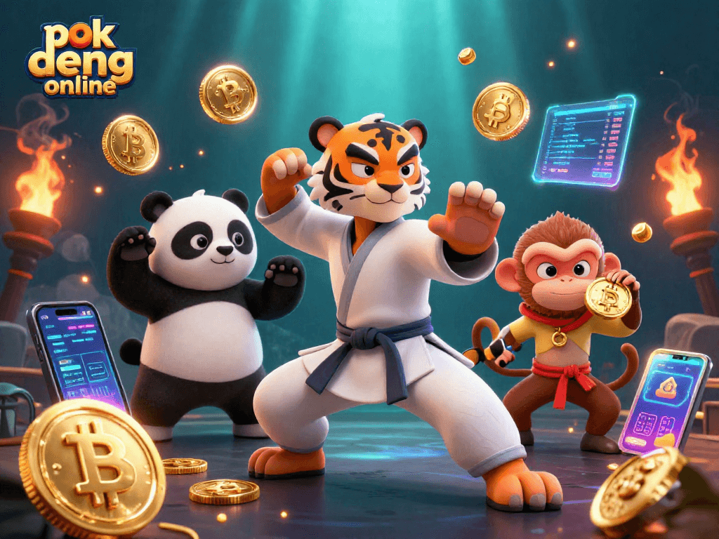 Experience the thrill of pok deng online in this vibrant 3D scene featuring a kung fu tiger and playful panda.