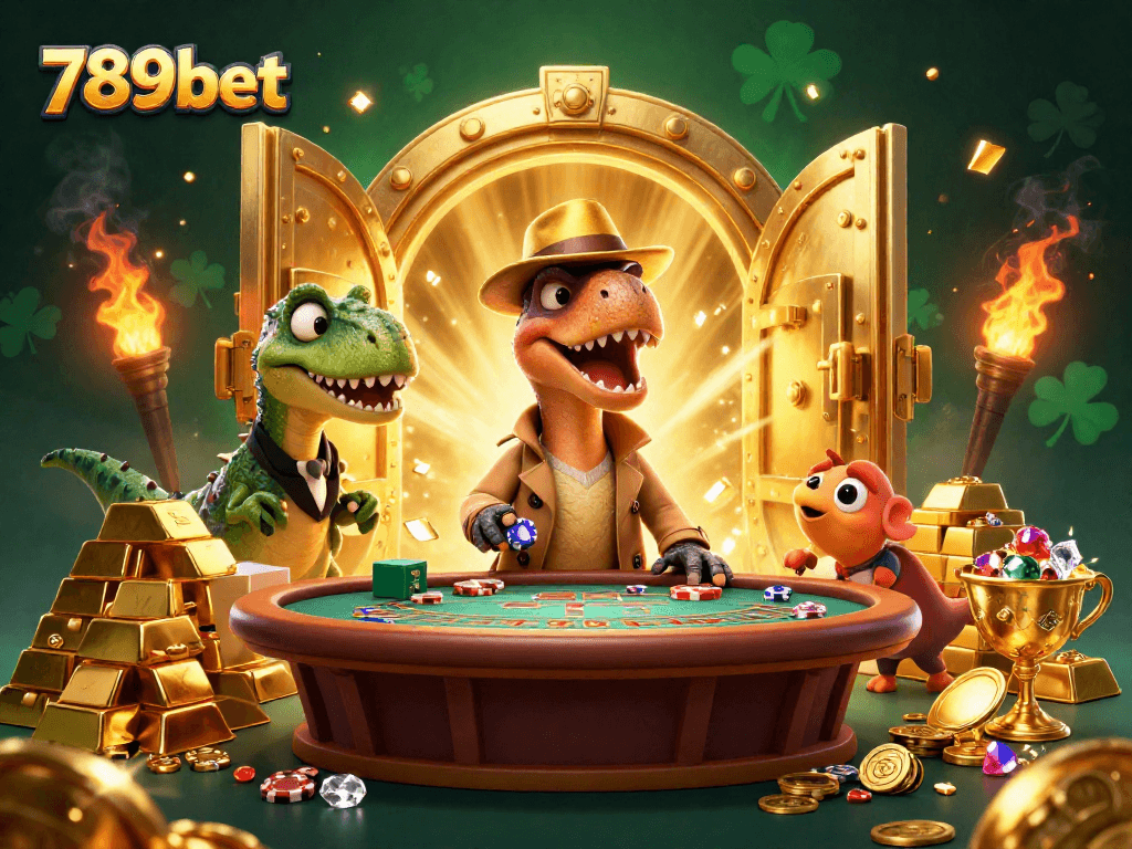 Experience the thrilling action at 789bet with a velociraptor card counter surrounded by gold treasures.