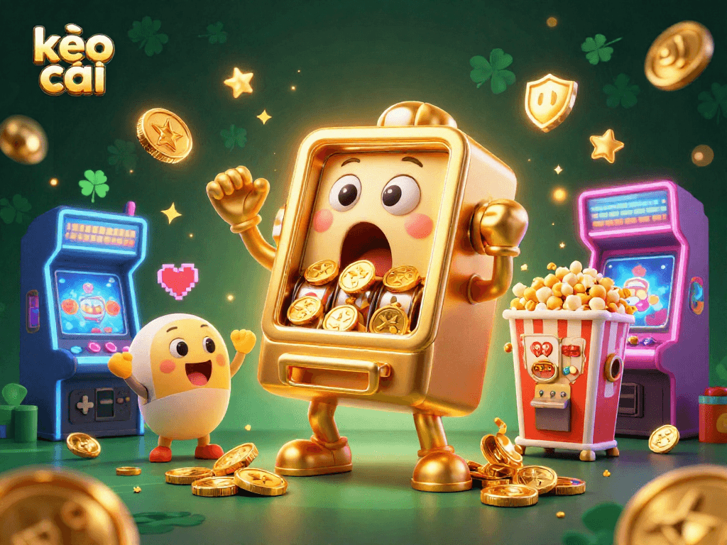 Join the excitement of kèo nhà cái as the golden slot machine wins coins, surrounded by cheering baby machines.