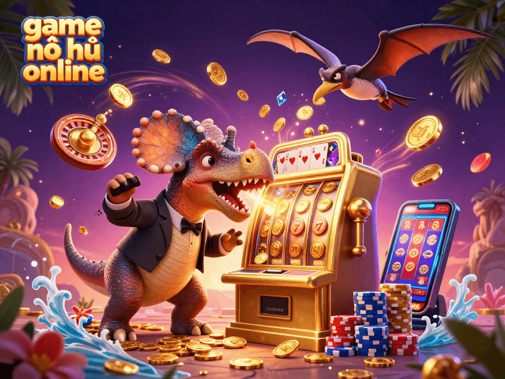 Experience the thrill of game nổ hũ online with a cartoon dinosaur jackpot scene.