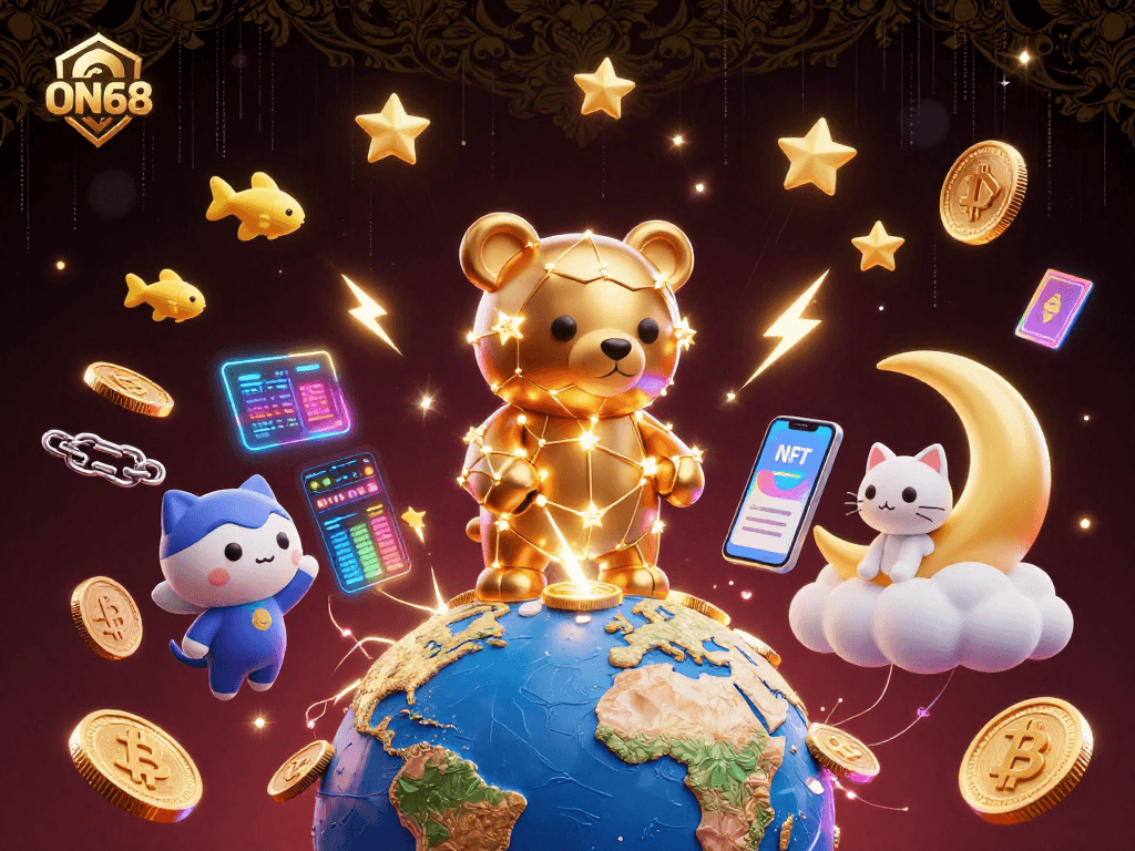 Join the excitement at ON68 with stars and coins in this vibrant casino scene