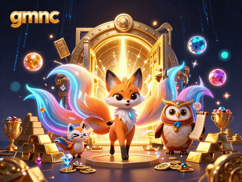Experience gmnc with a vivid 3D scene of a nine-tailed fox spirit amid casino treasures and glowing orbs.