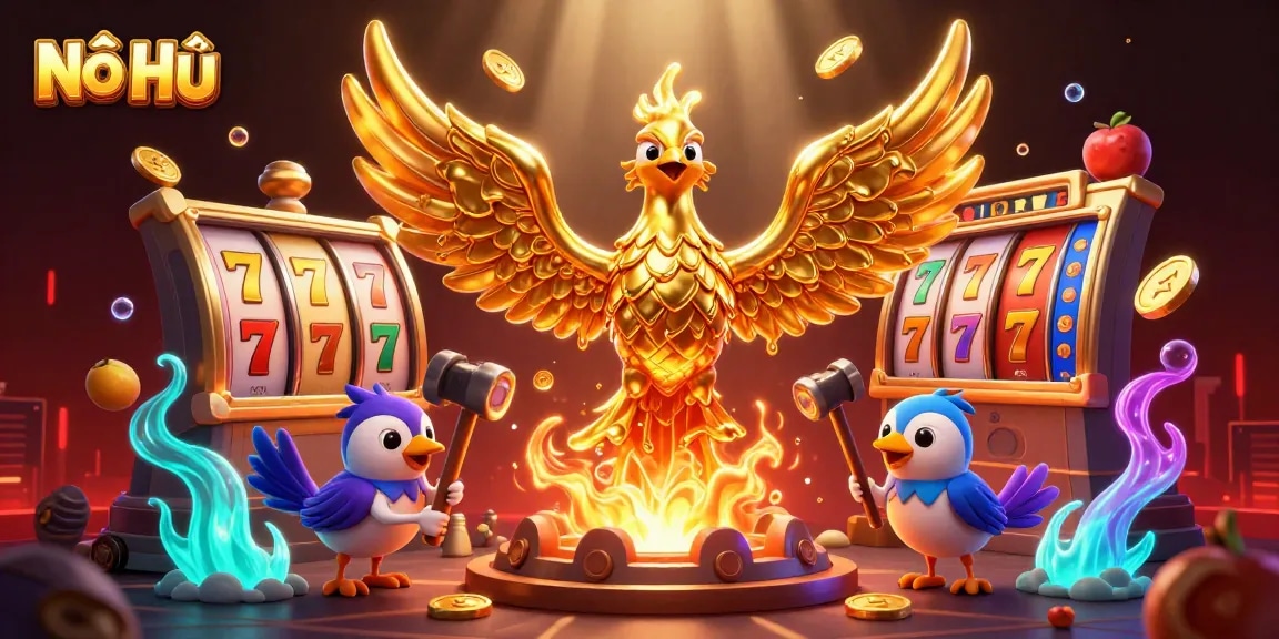 Nổ Hũ slot game illustration with vibrant golden phoenix and casino elements.