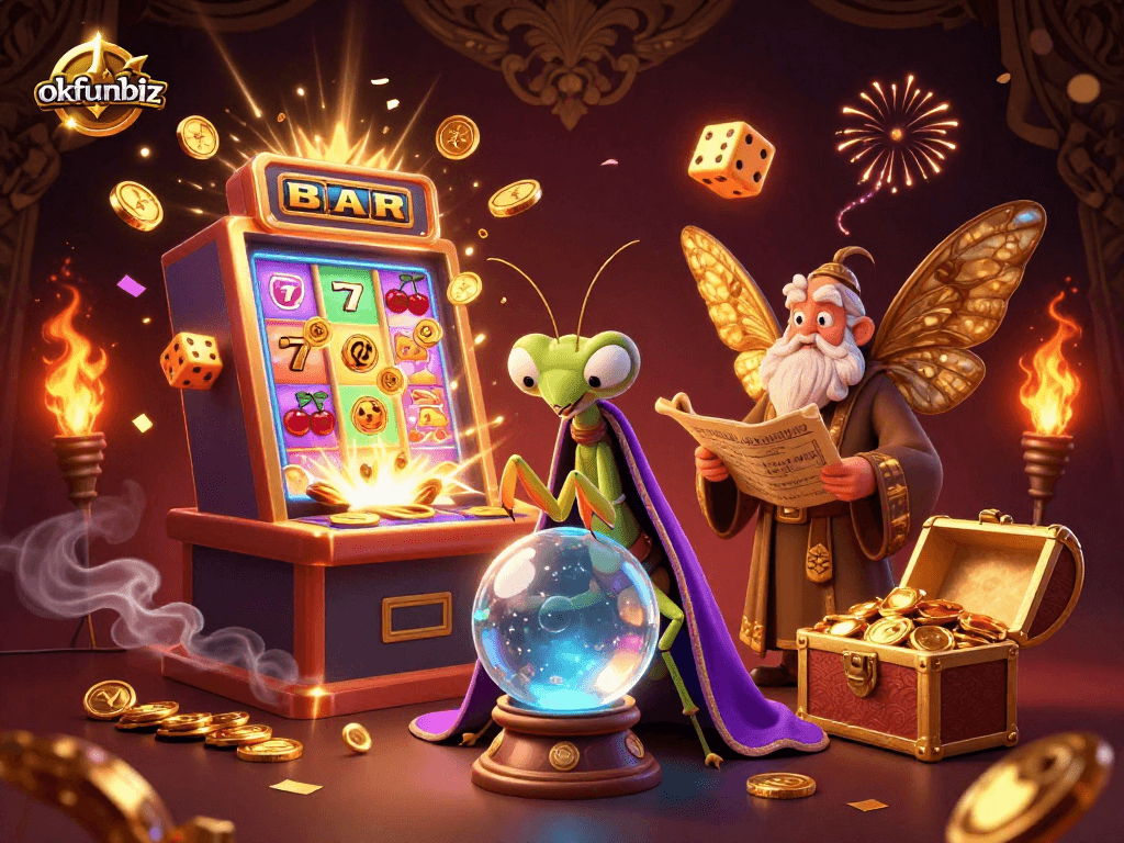 Spin for winnings at okfunbiz with vibrant 3D casino elements and enchanted characters.