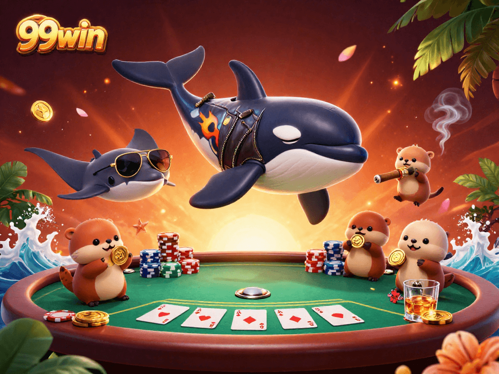 99win showcases a thrilling casino scene with a dynamic orca, stingray, and otters enjoying poker.