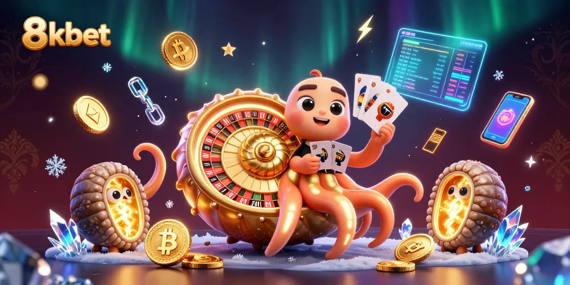 Engage with 8kbet's vibrant casino gaming scene featuring a giant nautilus roulette wheel surrounded by crypto elements.