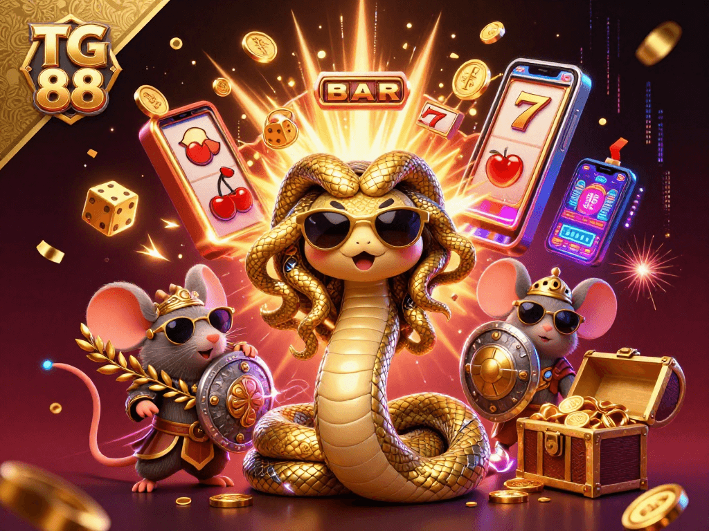 Experience the excitement of TG 88 with a vibrant slot jackpot scene featuring cute characters and rich casino elements.