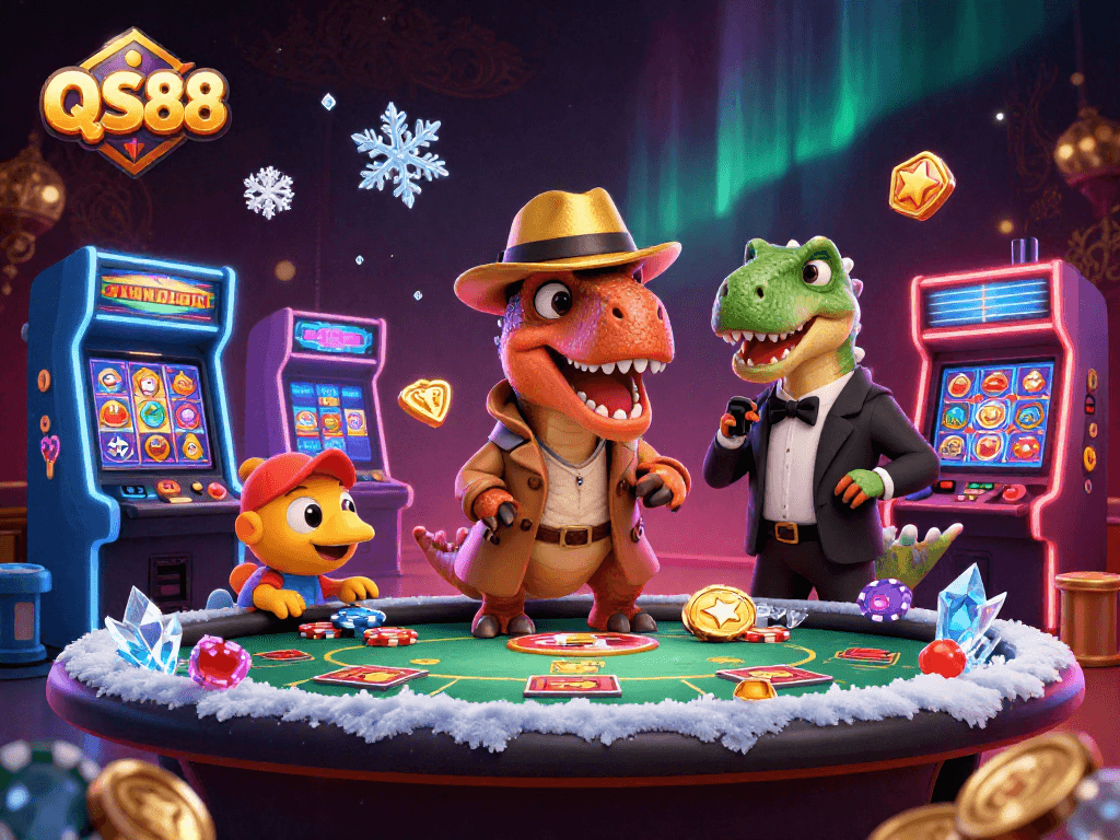Experience QS88's dynamic casino action with a cartoon velociraptor at blackjack, vibrant slot elements.
