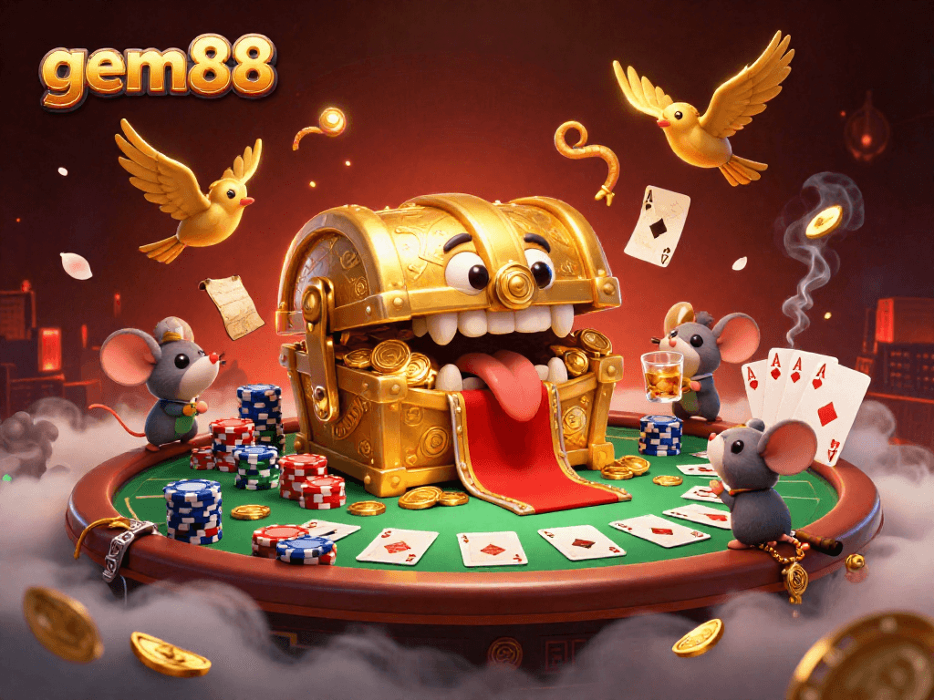Experience thrilling action at gem88 with a captivating illustration of poker riches and animated adventure.
