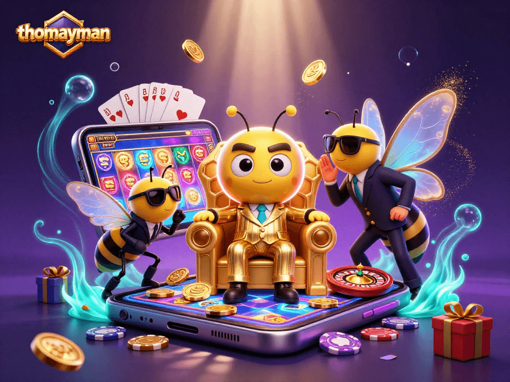 Spin and win with thomayman in this vibrant 3D casino scene featuring exciting gameplay elements.