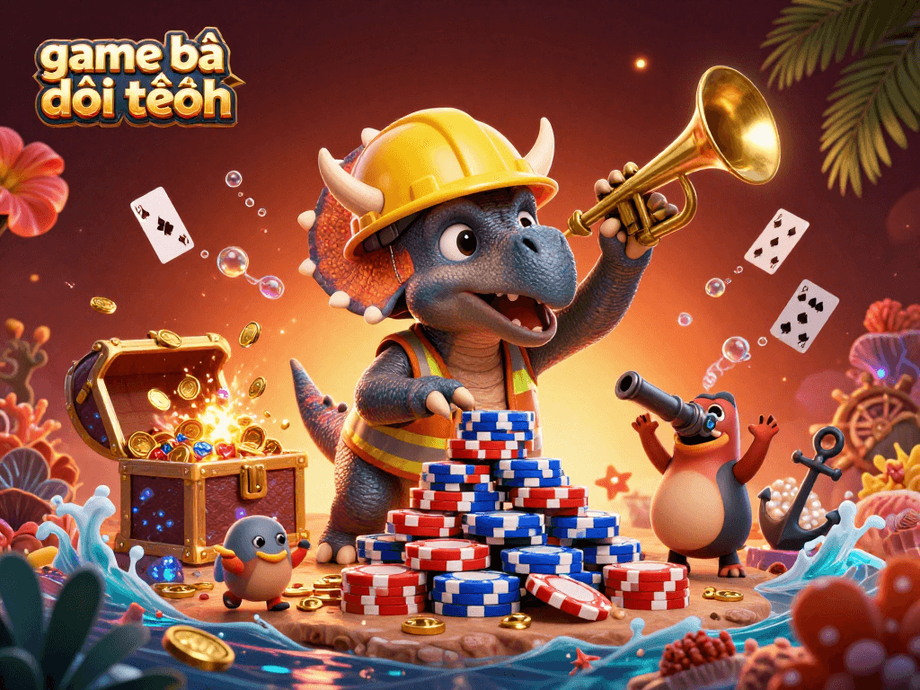 Win big with game bài đổi thưởng as cartoon dinosaurs build poker chip towers!