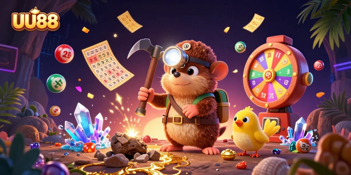 Engage in exciting gameplay with UU88, featuring a vibrant casino scene with games, prizes, and rich colors.