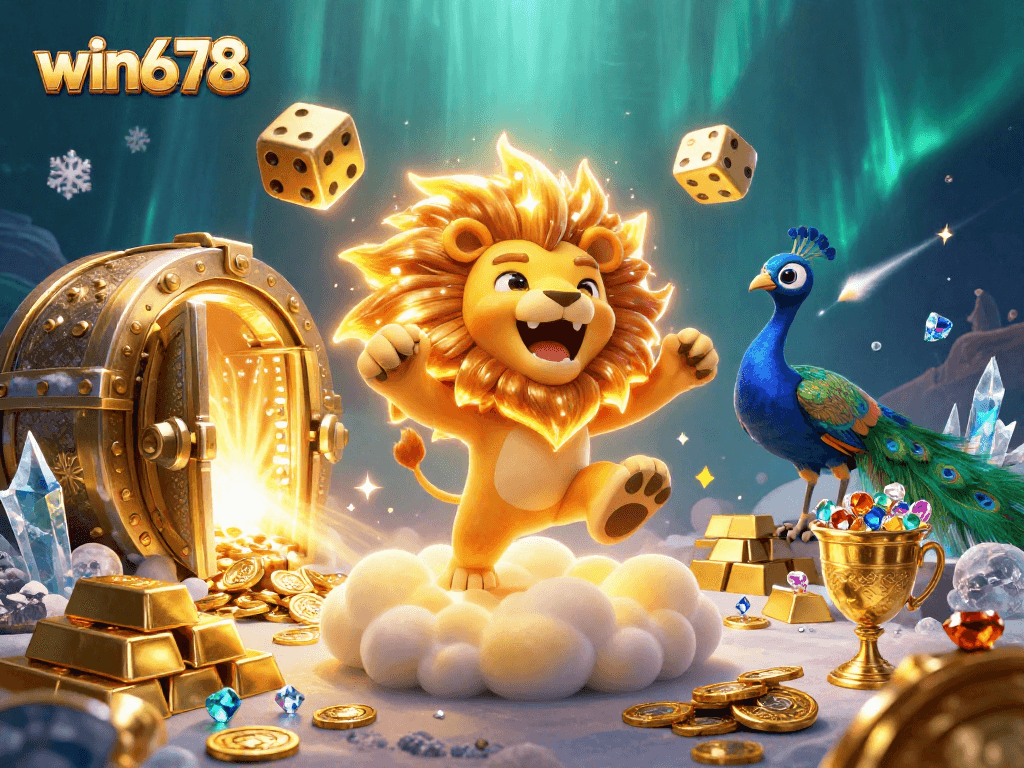 Win678 showcases a dynamic casino scene with a roaring lion, golden dice, and riches for gamblers.
