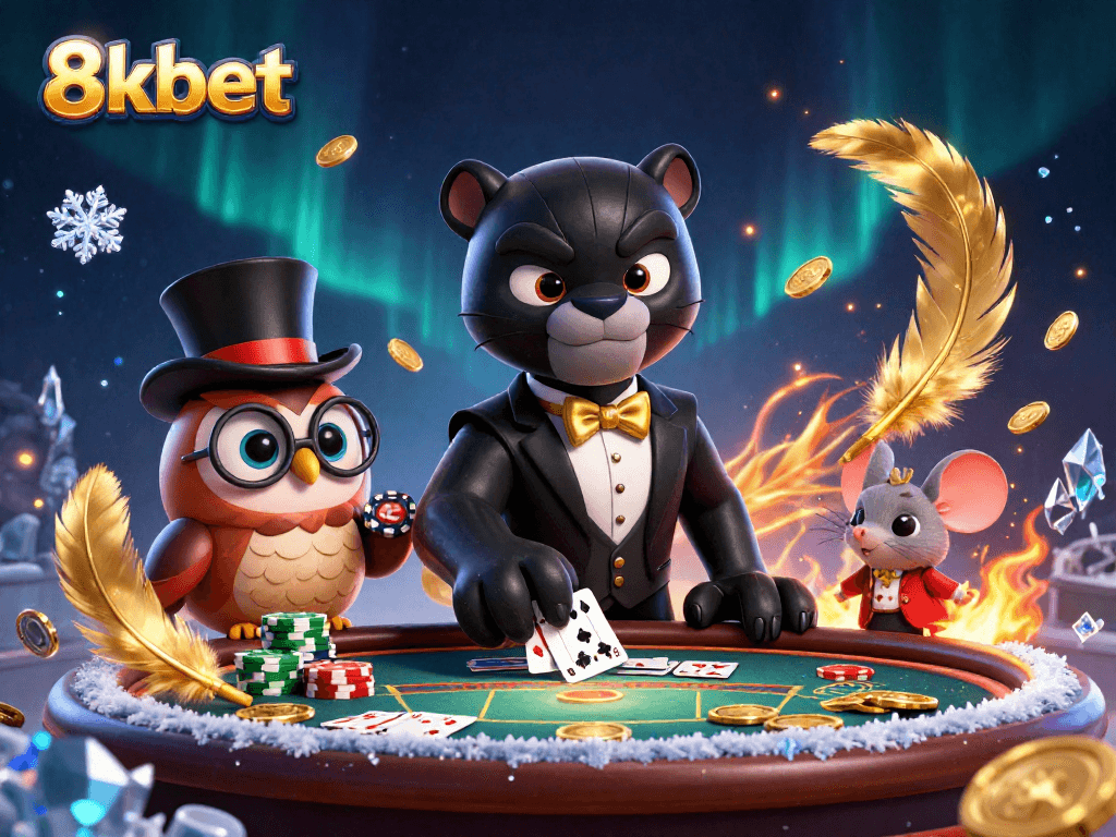 Experience thrilling poker action with 8kbet, featuring elegant characters and dynamic casino elements.