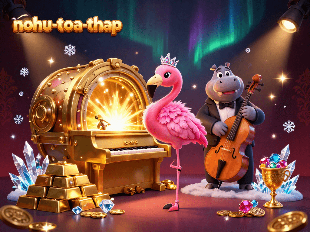 Experience the excitement of nohu-toa-thap with vibrant characters and dazzling treasures in a rich casino scene.