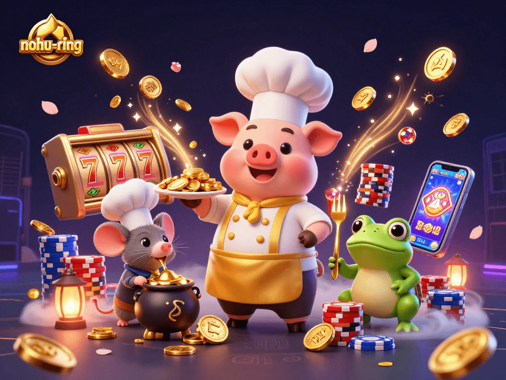 Experience exhilarating gameplay with nohu-ring as chef pig serves gold coins, surrounded by vibrant slot machine action.