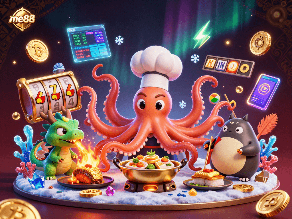 Experience winning thrills at me88 with a vibrant 3D scene depicting a sushi chef octopus, dragon, and tanuki amidst crypto gaming elements.