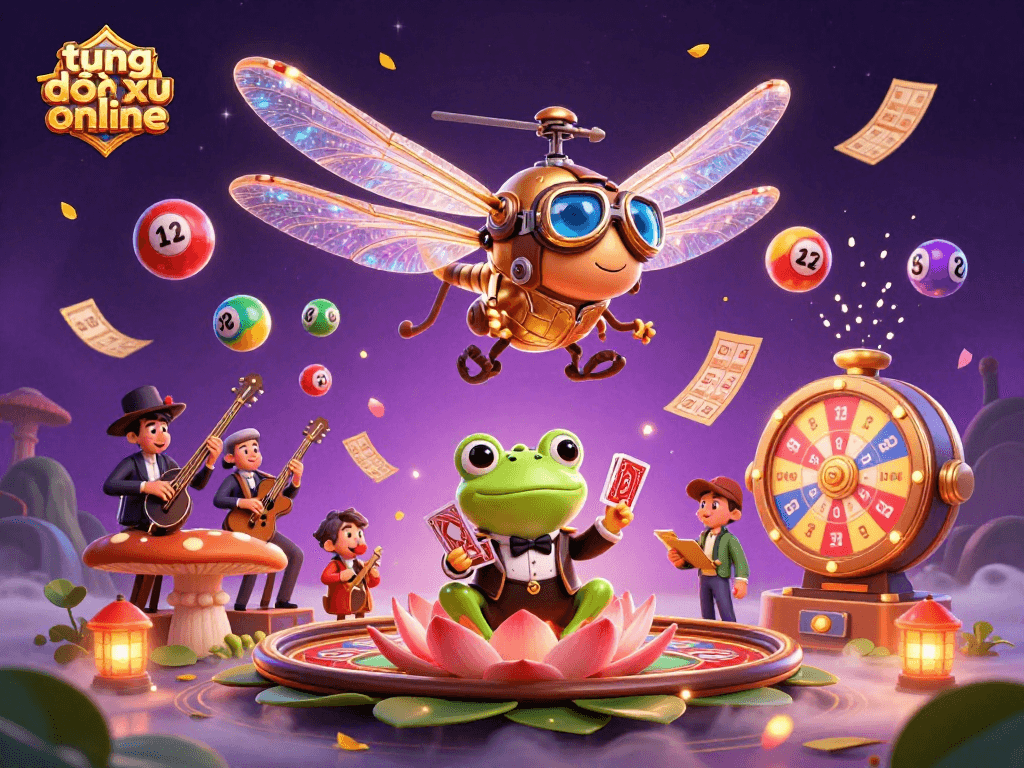 Engage in thrilling play with "tung đồng xu online" amidst lively characters and dazzling casino elements.