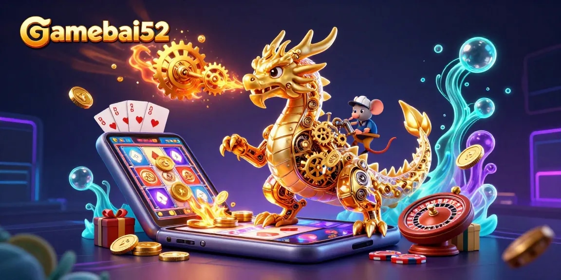 Experience gamebai52's thrilling golden dragon in a vibrant casino scene with dynamic gaming elements.