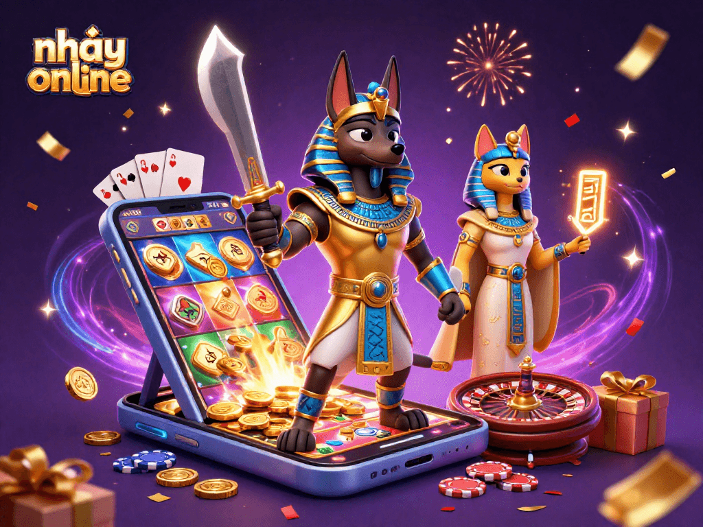 Experience the thrill of nhảy cao online with Anubis and Bastet in this vibrant gambling scene.