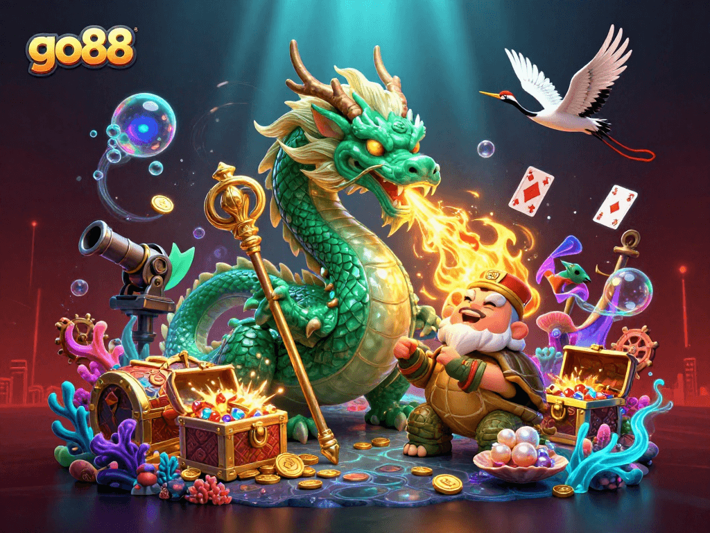 Go88 showcases an immersive 3D casino scene with a dragon, turtle sage, and vibrant game elements.