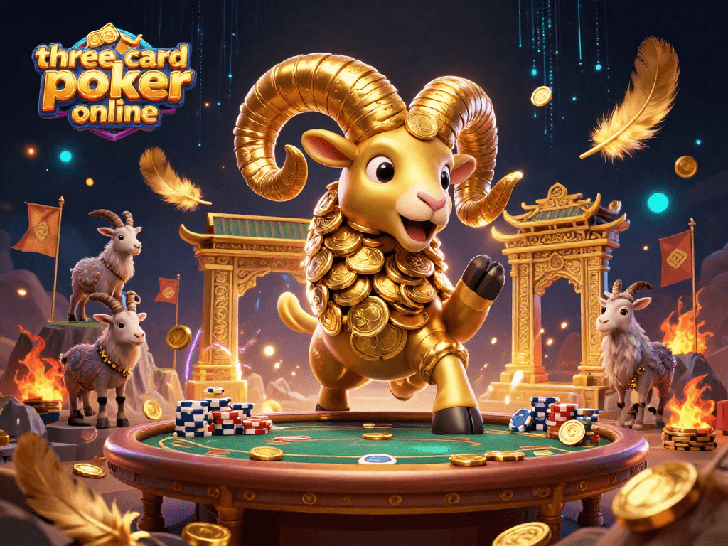 Engage in three card poker online with dynamic play and unique strategies amidst vibrant casino-themed imagery.
