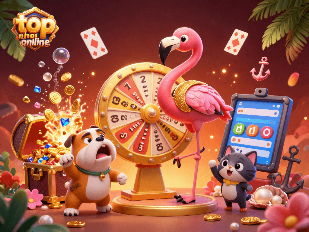 Experience thrilling wins at top nha cai online with a colorful, vibrant illustration of a game show host and excited contestants.