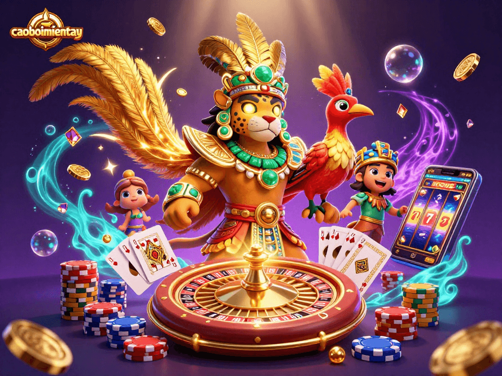Experience the thrilling world of caoboimientay, filled with spinning roulette, golden coins, and vibrant gaming elements.
