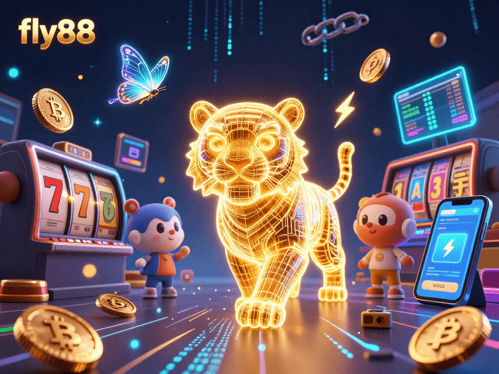 Experience excitement at fly88 with a golden tiger and vibrant casino elements in stunning 3D