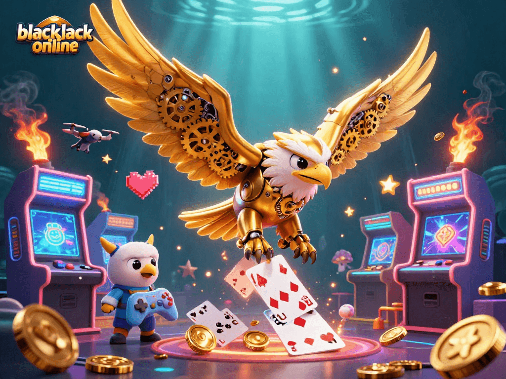 Engage in thrilling gameplay with blackjack online as a cybernetic eagle captures the excitement of casino action.
