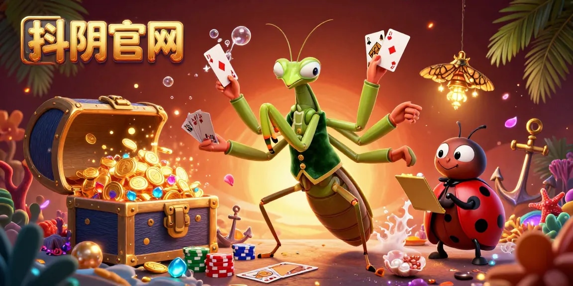 Engage with 抖阴官网's vibrant 3D scene showcasing a giant card sharp, ladybug pit boss, and rich gambling elements.