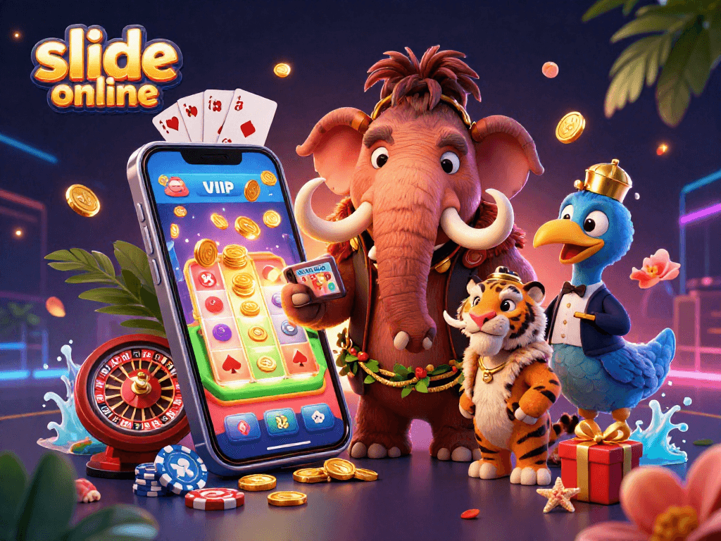Engage with slide online as characters celebrate a vibrant casino scene filled with bright game elements.
