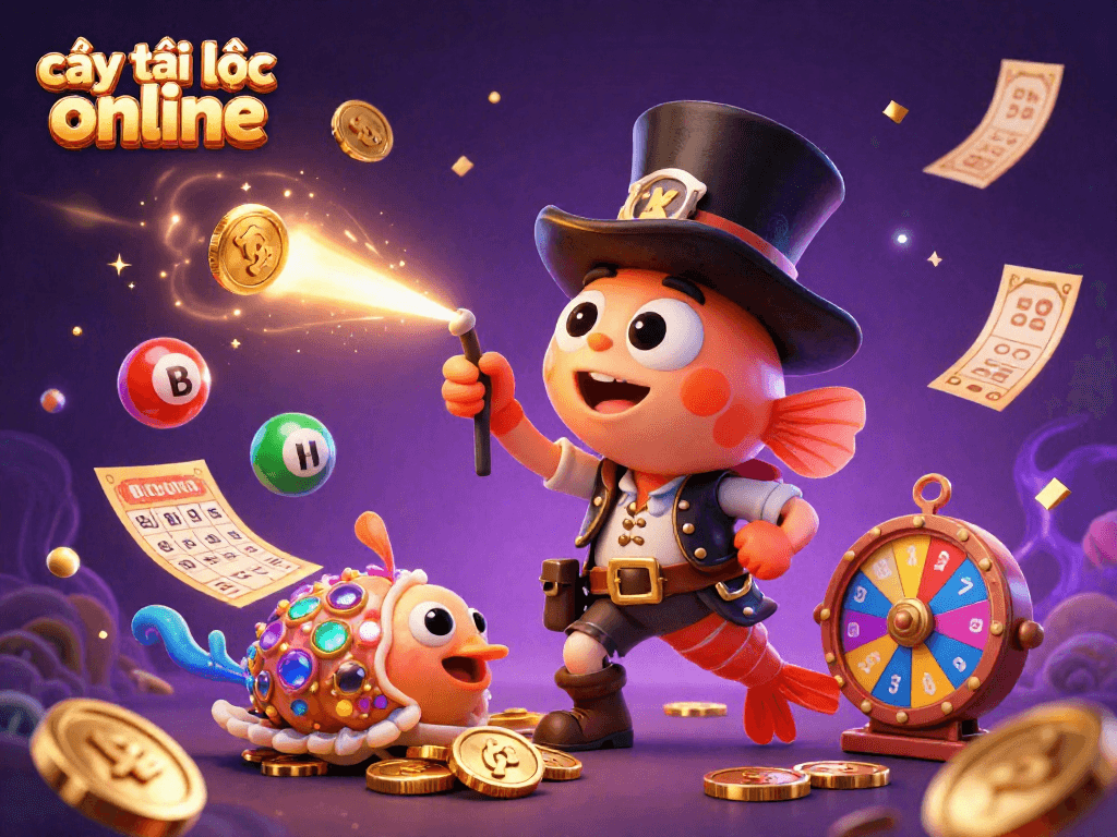 Catching golden coins in the vibrant world of cây tài lộc online with an anglerfish, shrimp, and snail.