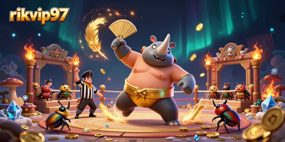 Experience the thrill of rikvip97 as a beetle champion stomps to victory amid swirling coins.
