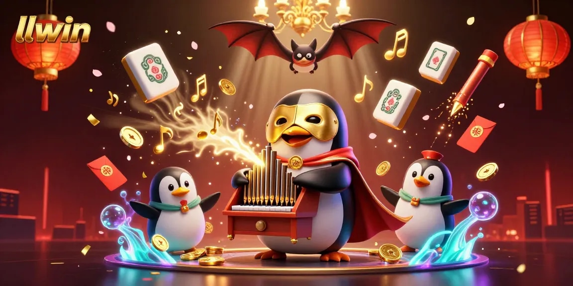Spin to win with llwin in a dynamic scene featuring a penguin organist and golden casino elements.