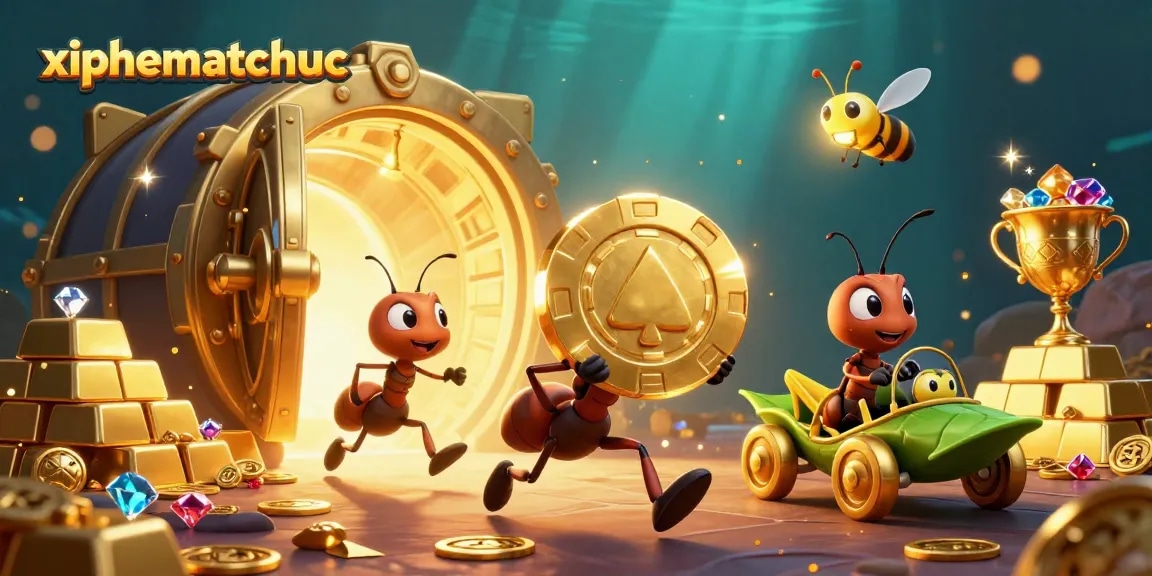 Engage with xiphematchuoc: Ants on a heist, golden poker chip adventure with vibrant casino elements.