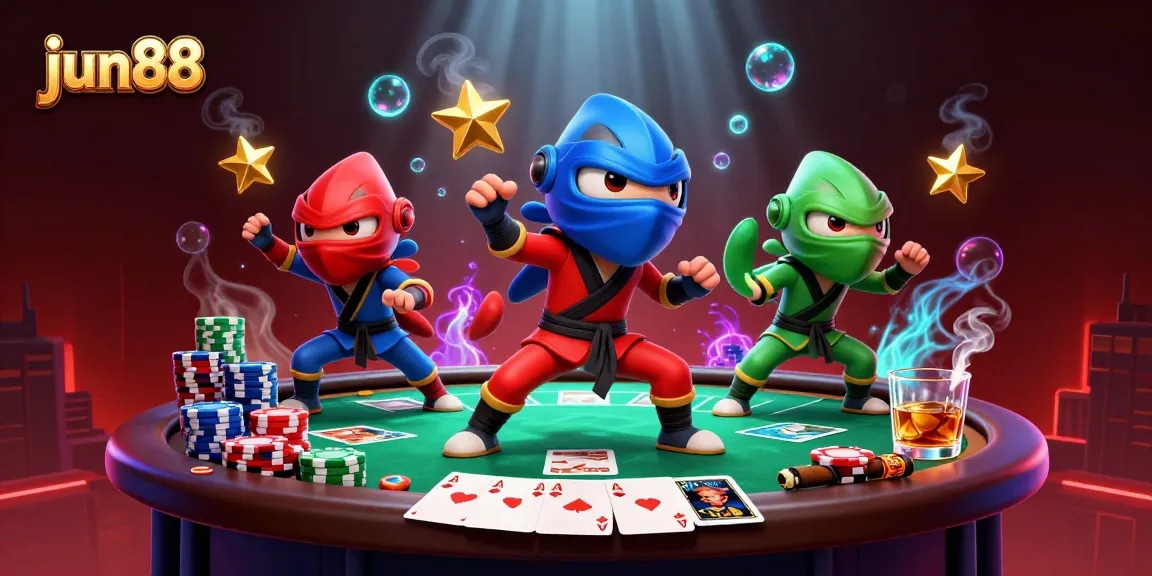 Enhance your gaming experience with jun88's thrilling poker scene featuring ninja chameleons.