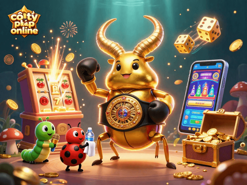 Engage with cờ tỷ phú online: a vibrant 3D illustration of a golden stag beetle in a boxing champion belt amidst dynamic casino elements.